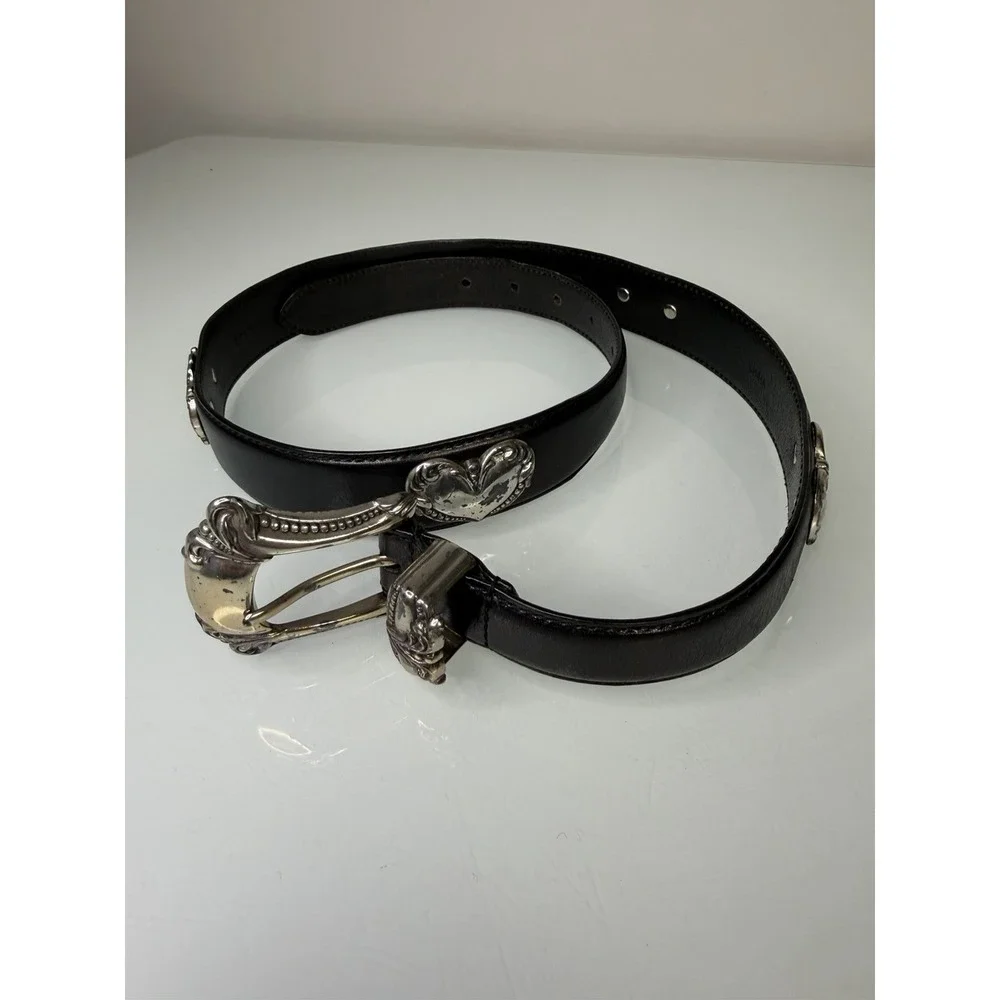 Women's Fossil Black Genuine Leather Belt With Metal Accents Hearts Size Medium